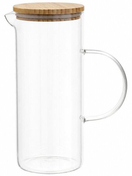 Carafa eleganta Pufo Simple din sticla borosilicata pentru apa, limonada sau suc, capac bambus, 1.5 L