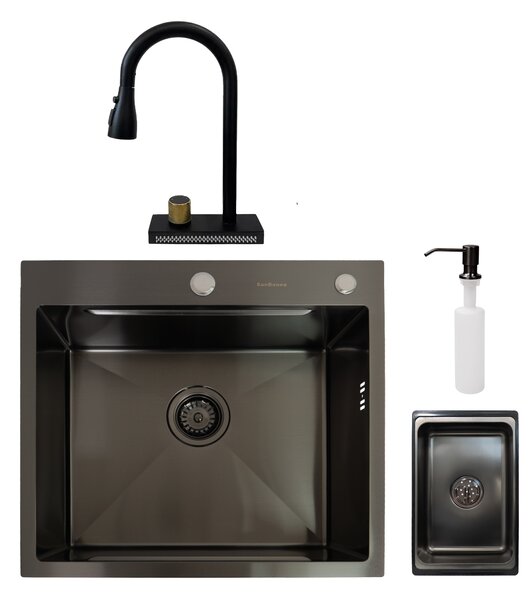 SET Chiuveta SanDonna HD5550 Negru din inox cu tavita si dozator de sapun + Baterie SanDonna ASTER multifunctionala cu casacada - Negru
