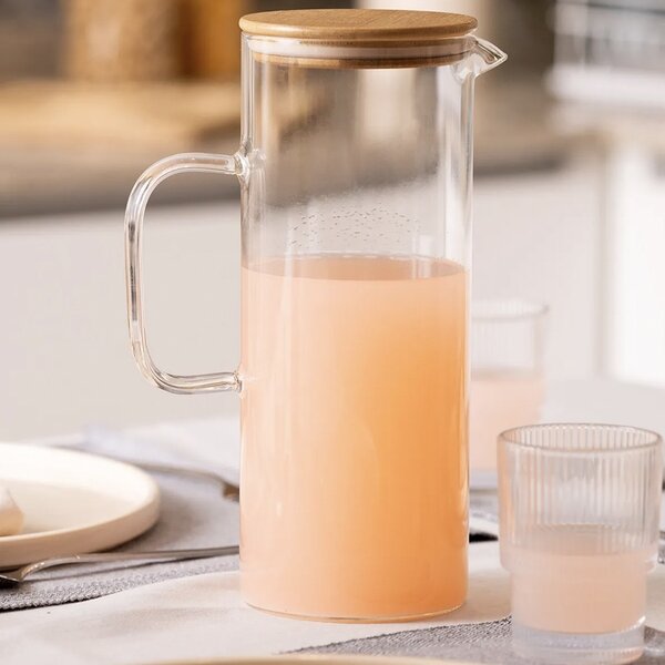 Carafa eleganta Pufo Simple din sticla borosilicata pentru apa, limonada sau suc, capac bambus, 1.5 L
