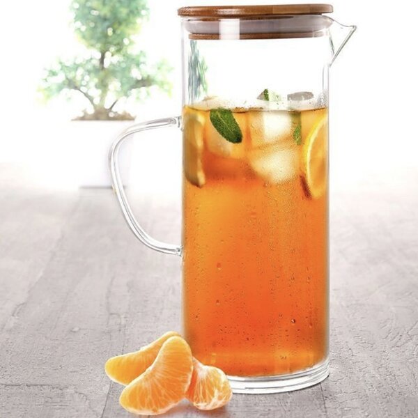 Carafa eleganta Pufo Simple din sticla borosilicata pentru apa, limonada sau suc, capac bambus, 1.5 L