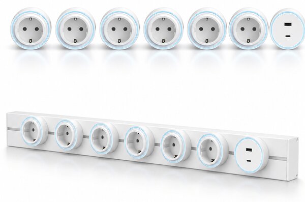 Sina modulara prize onuvio® 100cm, 8000w, 7 adaptoare (6x priza eu cu impamantare + 1x usb + type-c), montaj perete/blat, sistem premium birou/bucatarie, alb