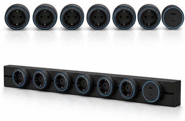 Sina modulara prize onuvio® 100cm, 8000w, 7 adaptoare (6x priza eu cu impamantare + 1x usb + type-c), montaj perete/blat, sistem premium birou/bucatarie, negru