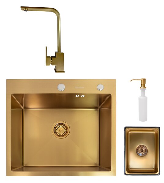 SET Chiuveta SanDonna HD5550 inox cu dozator si tavita + Baterie Sandonna Nera alama - Auriu