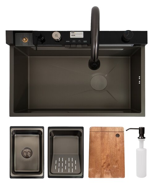 Chiuveta de bucatarie multifunctionala handmade SanDonna HD7550 + consola cu cascada, baterie, spalator de pahare si accesorii incluse - Negru