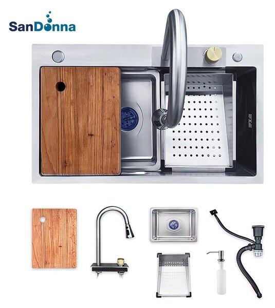 Chiuveta de bucatarie multifunctionala handmade Sandonna HD6850 cu baterie, tavite de scurgere si dispenser de sapun - Inox