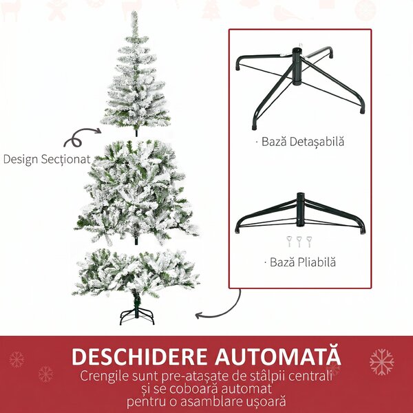 HOMCOM Brad de Crăciun Artificial Înzăpezit cu 750 Ramuri, Bază din Oțel, Plastică, 105x105x180 cm, Verde | Aosom Romania