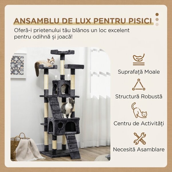 PawHut Pom pentru Pisici cu 3 Platforme 2 Căsuțe, Gri | Aosom Romania