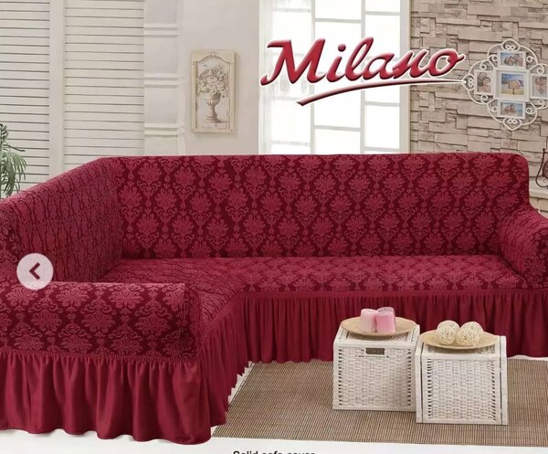 Husa elastica pentru coltar, cu volanas, model Jacquard Bordo