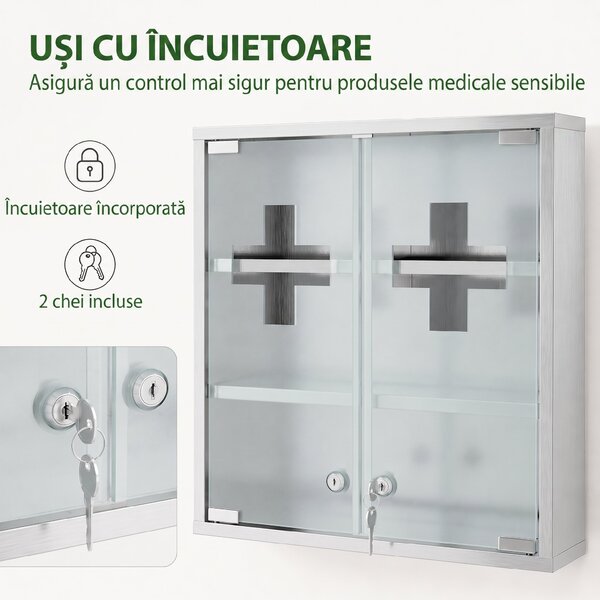 HOMCOM Dulăpior de Medicamente cu Încuietoare și Uși din Sticlă, Argintiu | Aosom Romania
