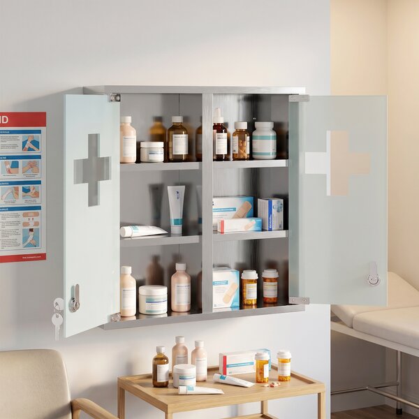 HOMCOM Dulăpior de Medicamente cu Încuietoare și Uși din Sticlă, Argintiu | Aosom Romania