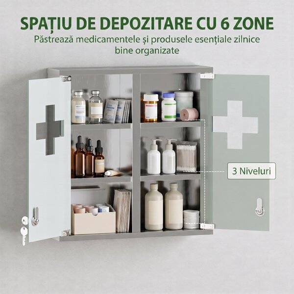 HOMCOM Dulăpior de Medicamente cu Încuietoare și Uși din Sticlă, Argintiu | Aosom Romania