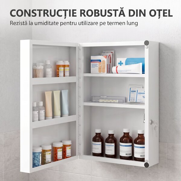 HOMCOM Dulăpior de Medicamente de Perete, 6 Compartimente cu 2 Chei, Alb | Aosom Romania