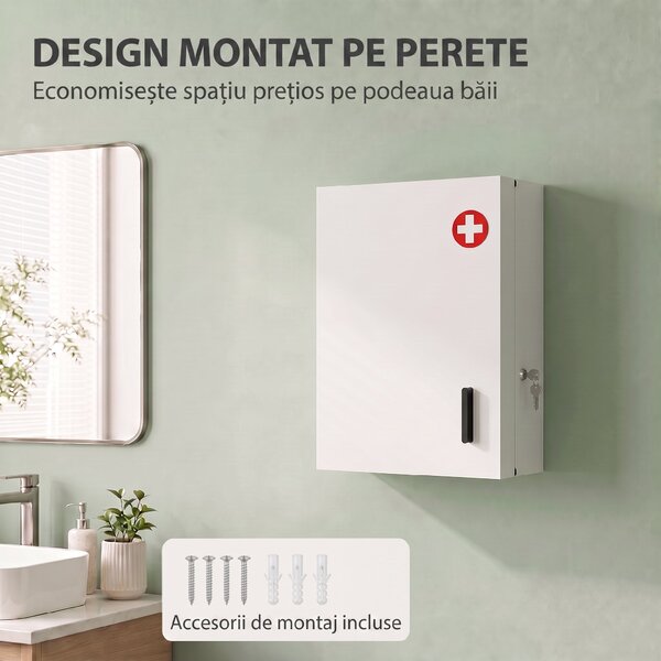 HOMCOM Dulăpior de Medicamente de Perete, 6 Compartimente cu 2 Chei, Alb | Aosom Romania