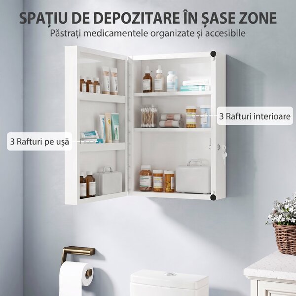 HOMCOM Dulăpior de Medicamente de Perete, 6 Compartimente cu 2 Chei, Alb | Aosom Romania