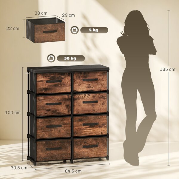 HOMCOM Comodă cu 8 Sertare, Mobilier din Metal pentru Dormitor, Maro Rustic | Aosom Romania
