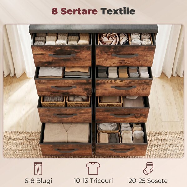 HOMCOM Comodă cu 8 Sertare, Mobilier din Metal pentru Dormitor, Maro Rustic | Aosom Romania