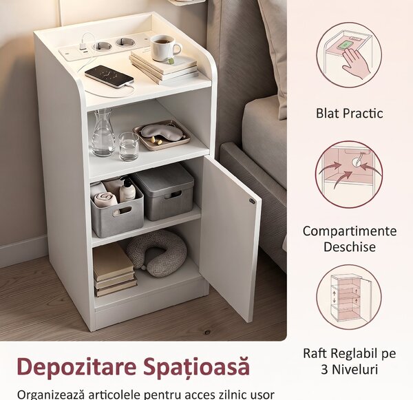HOMCOM Set 2 Noptiere pentru Dormitor cu Dulap și Raft Deschis, Alb | Aosom Romania