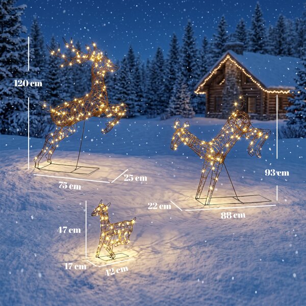 Outsunny Set 3 reni luminoși de Crăciun pentru exterior, 120 cm, 200 LED-uri alb cald, 8 moduri de iluminare, timer, maro | Aosom Romania