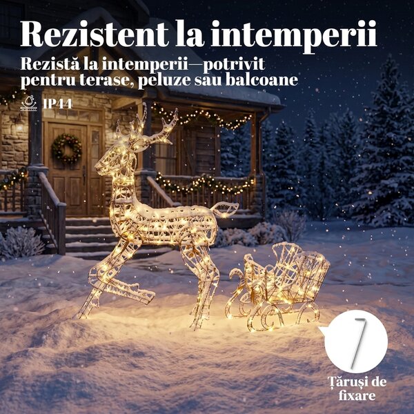 Outsunny Renă luminoasă de Crăciun cu sanie, 175 LED-uri alb cald, 8 moduri de iluminare, timer, IP44, maro | Aosom Romania