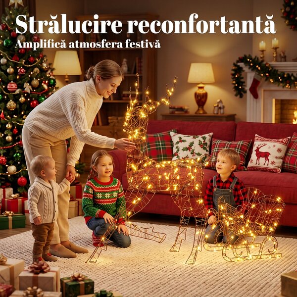 Outsunny Renă luminoasă de Crăciun cu sanie, 175 LED-uri alb cald, 8 moduri de iluminare, timer, IP44, maro | Aosom Romania