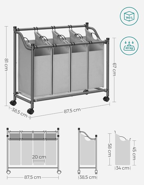 Organizator cu roti pentru baie, Songmics, 4 x 35L, 87.5 x 38.5 x 67 cm, LSF005, Gri