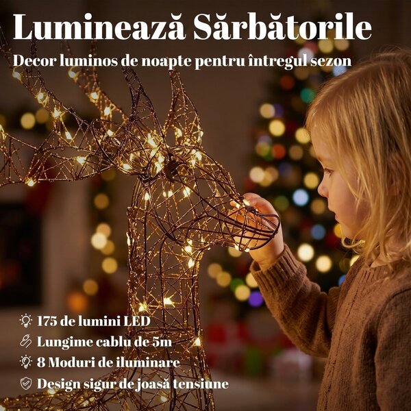 Outsunny Renă luminoasă de Crăciun cu sanie, 175 LED-uri alb cald, 8 moduri de iluminare, timer, IP44, maro | Aosom Romania