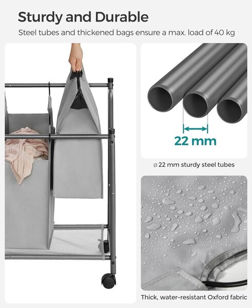 Organizator cu roti pentru baie, Songmics, 4 x 35L, 87.5 x 38.5 x 67 cm, LSF005, Gri
