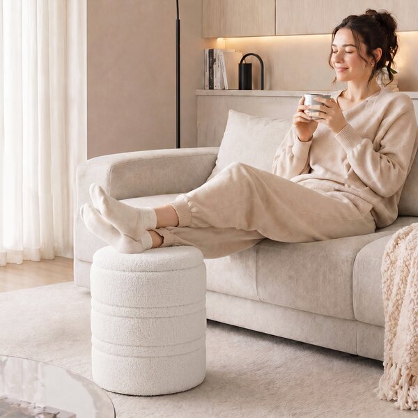 HOMCOM Taburet Rotund Tip Pouf cu Spațiu de Depozitare 33L din Sherpa cu Capac, Capacitate 120kg, Living, Hol, Alb | Aosom Romania