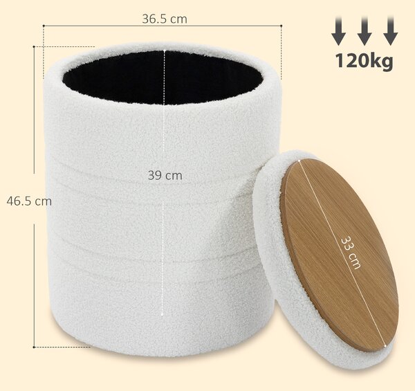 HOMCOM Taburet Rotund Tip Pouf cu Spațiu de Depozitare 33L din Sherpa cu Capac, Capacitate 120kg, Living, Hol, Alb | Aosom Romania