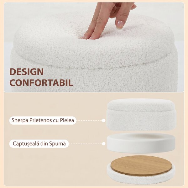 HOMCOM Taburet Rotund Tip Pouf cu Spațiu de Depozitare 33L din Sherpa cu Capac, Capacitate 120kg, Living, Hol, Alb | Aosom Romania