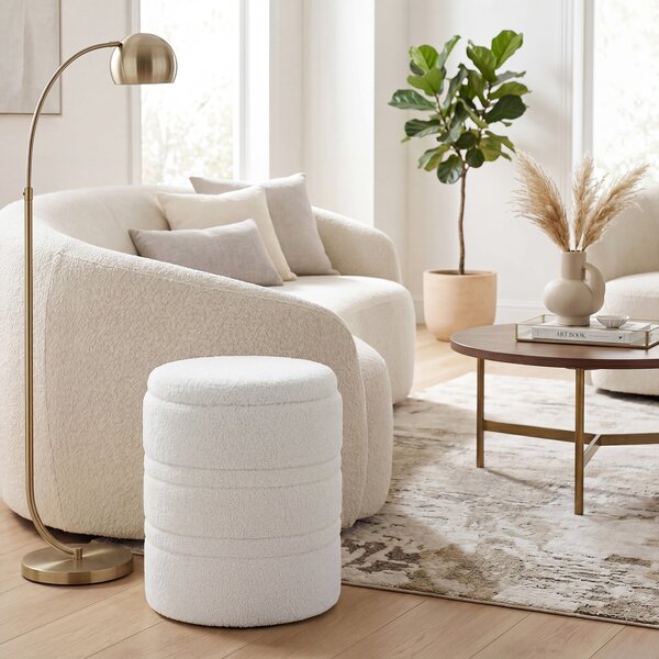 HOMCOM Taburet Rotund Tip Pouf cu Spațiu de Depozitare 33L din Sherpa cu Capac, Capacitate 120kg, Living, Hol, Alb | Aosom Romania