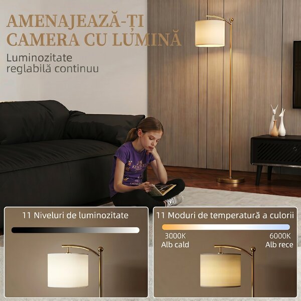 HOMCOM Lampadar LED cu Telecomandă, Lumină Reglabilă în 11 Temperaturi de Culoare și 11 Niveluri de Luminozitate, Auriu | Aosom Romania