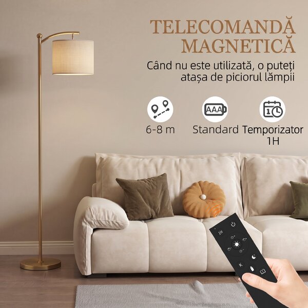 HOMCOM Lampadar LED cu Telecomandă, Lumină Reglabilă în 11 Temperaturi de Culoare și 11 Niveluri de Luminozitate, Auriu | Aosom Romania