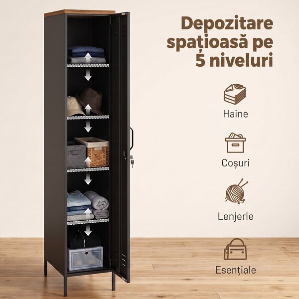 HOMCOM Dulap Metalic cu Rafturi Reglabile, pentru Dormitor, Garaj și Birou, Negru | Aosom Romania