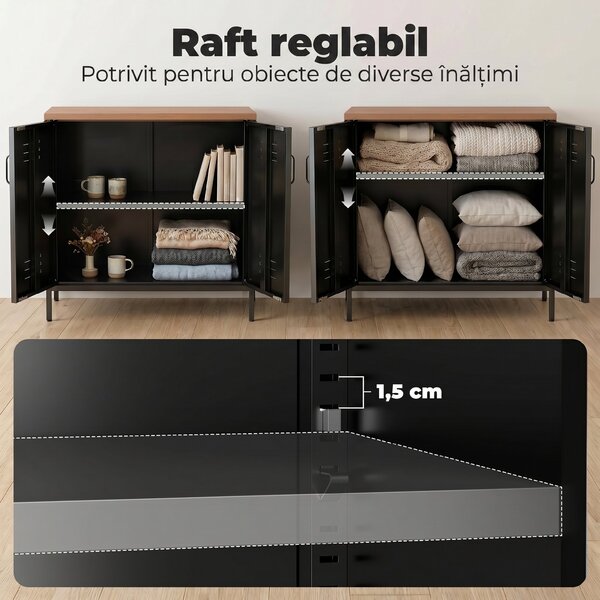 HOMCOM Bufet Metalic cu 2 Uși și Raft Reglabil, pentru Living sau Birou, Negru | Aosom Romania
