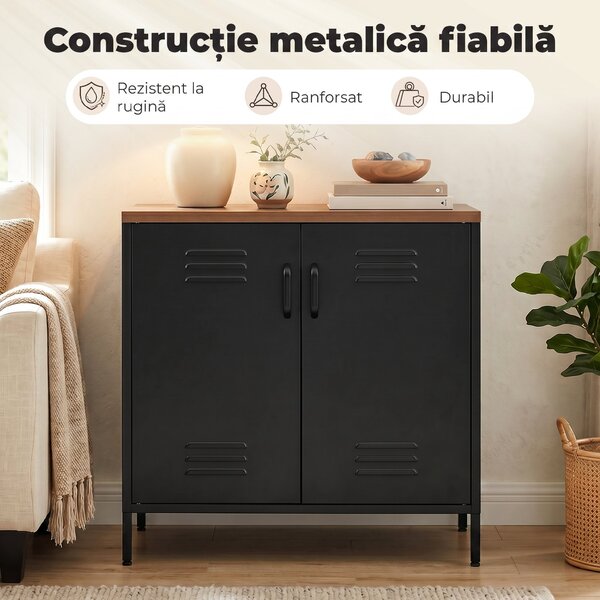 HOMCOM Bufet Metalic cu 2 Uși și Raft Reglabil, pentru Living sau Birou, Negru | Aosom Romania