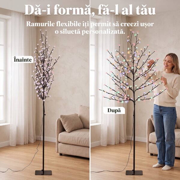 HOMCOM Copac de Crăciun tip cireș, 180 cm, cu LED-uri, 20 ramuri, timer zilnic, pentru interior și exterior acoperit, negru | Aosom Romania