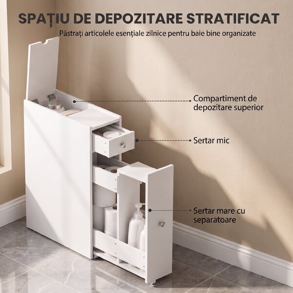 HOMCOM Dulap Baie Slim cu 2 Sertare și Compartiment Deschis, 16x48x58 cm, Alb | Aosom Romania
