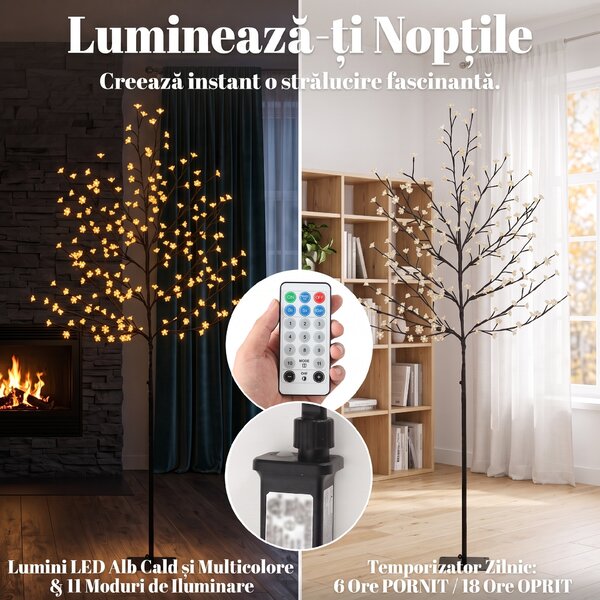HOMCOM Copac de Crăciun tip cireș, 180 cm, cu LED-uri, 20 ramuri, timer zilnic, pentru interior și exterior acoperit, negru | Aosom Romania