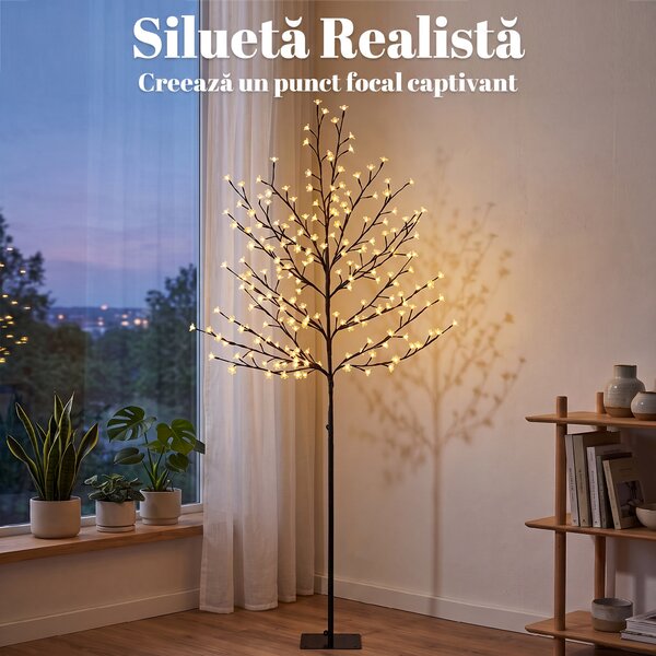 HOMCOM Copac de Crăciun tip cireș, 180 cm, cu LED-uri, 20 ramuri, timer zilnic, pentru interior și exterior acoperit, negru | Aosom Romania