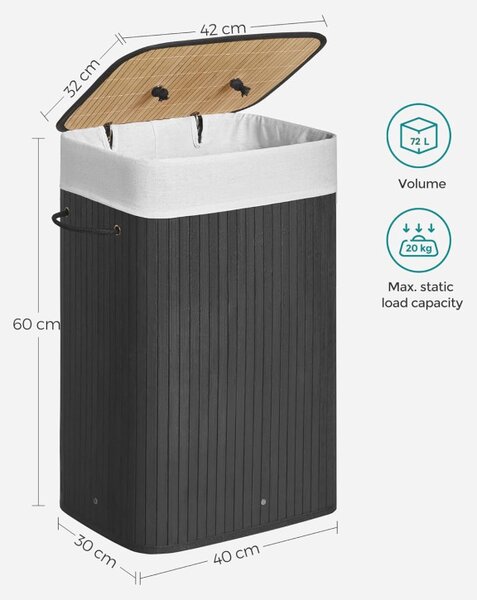 Cos pentru rufe, Songmics, 72 L, Negru, LCB10B, 40 x 30 x 60 cm
