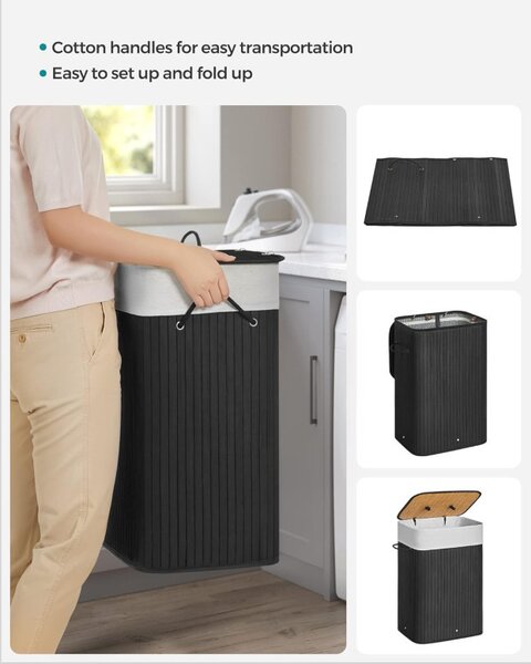 Cos pentru rufe, Songmics, 72 L, Negru, LCB10B, 40 x 30 x 60 cm