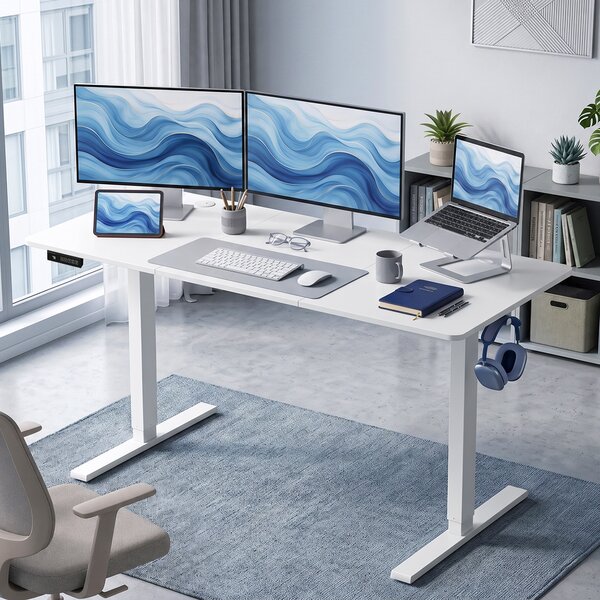 HOMCOM Birou Reglabil pe Înălțime cu 3 Memorii, Display LED, Cârlige, Plăci Aglomerate din Lemn, 140x60x72-118 cm, Alb | Aosom Romania