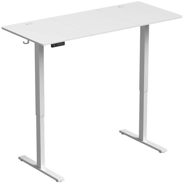 HOMCOM Birou Reglabil pe Înălțime cu 3 Memorii, Display LED, Cârlige, Plăci Aglomerate din Lemn, 140x60x72-118 cm, Alb | Aosom Romania
