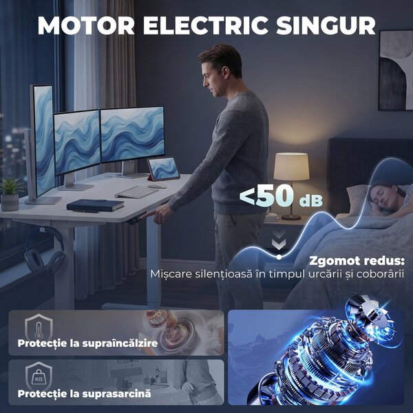 HOMCOM Birou Reglabil pe Înălțime cu 3 Memorii, Display LED, Cârlige, Plăci Aglomerate din Lemn, 140x60x72-118 cm, Alb | Aosom Romania