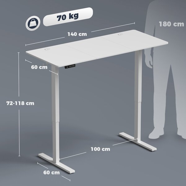 HOMCOM Birou Reglabil pe Înălțime cu 3 Memorii, Display LED, Cârlige, Plăci Aglomerate din Lemn, 140x60x72-118 cm, Alb | Aosom Romania