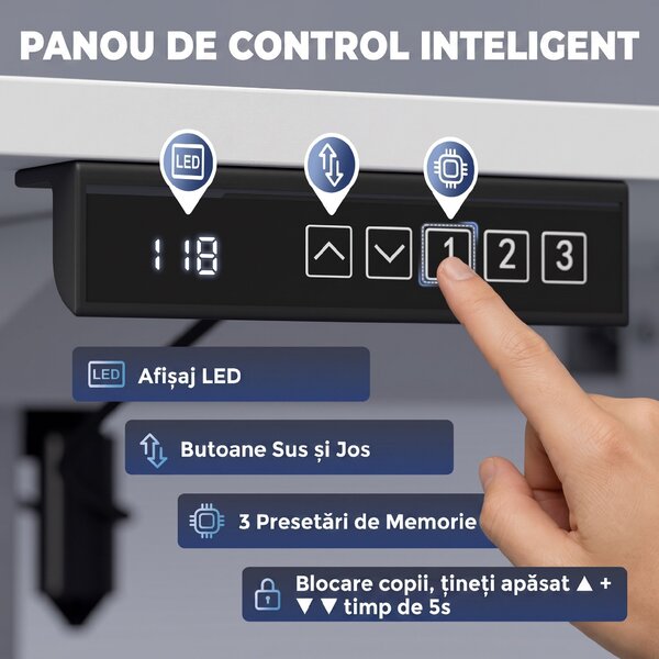 HOMCOM Birou Reglabil pe Înălțime cu 3 Memorii, Display LED, Cârlige, Plăci Aglomerate din Lemn, 140x60x72-118 cm, Alb | Aosom Romania