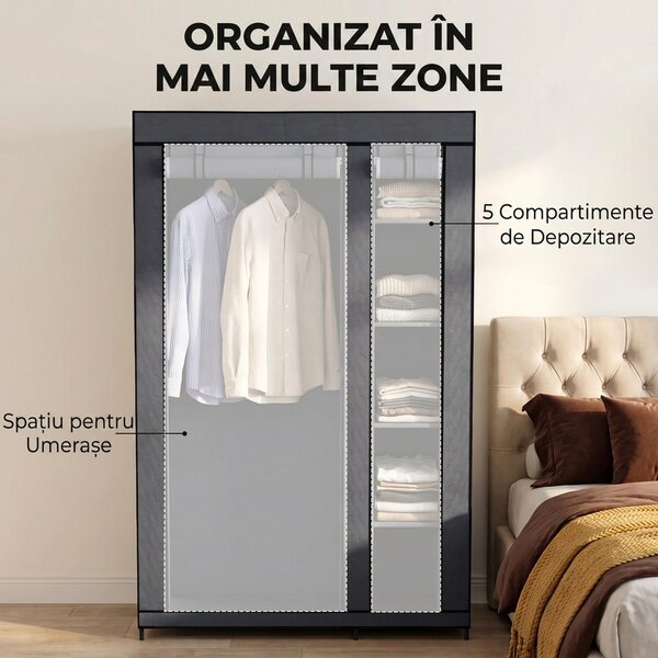HOMCOM Dulap Textil pentru Economisirea Spațiului, cu Bară pentru Umerașe și 5 Polițe, 110 x 45 x 175 cm, pentru Dormitor, Gri | Aosom Romania