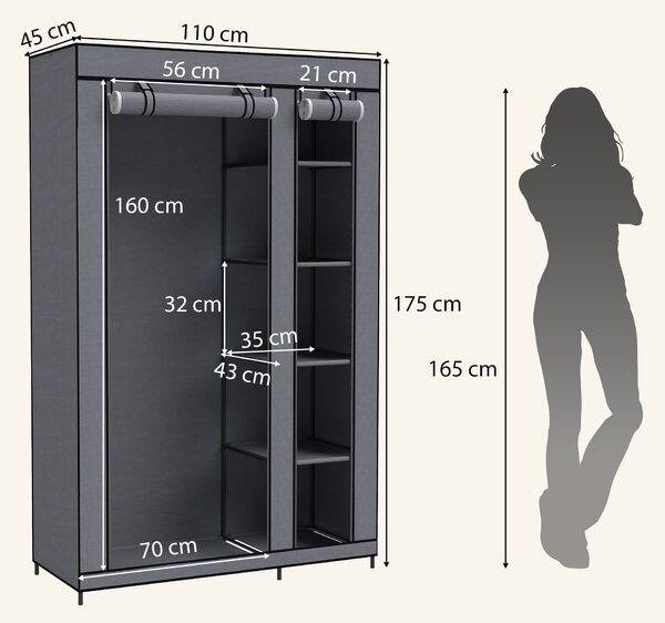 HOMCOM Dulap Textil pentru Economisirea Spațiului, cu Bară pentru Umerașe și 5 Polițe, 110 x 45 x 175 cm, pentru Dormitor, Gri | Aosom Romania