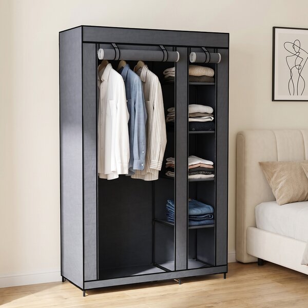 HOMCOM Dulap Textil pentru Economisirea Spațiului, cu Bară pentru Umerașe și 5 Polițe, 110 x 45 x 175 cm, pentru Dormitor, Gri | Aosom Romania